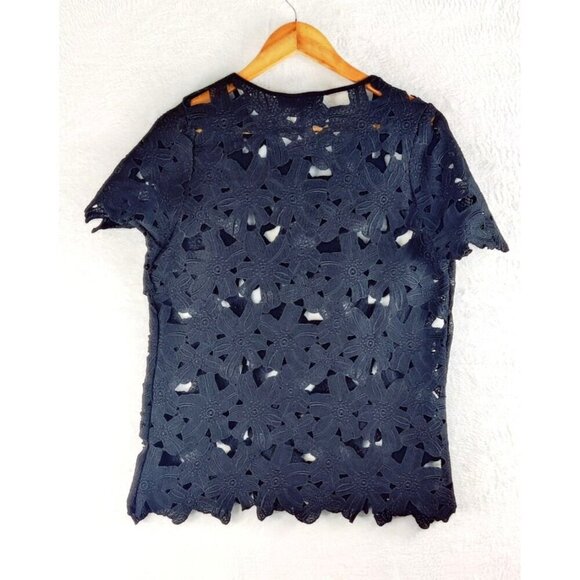 Tunic Top Black Eyelet Emrodrey Floral Short Sleeve Cut-Out Blouse Sz L Boho - Picture 6 of 11